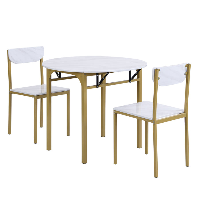 3-Piece  Modern Round Dining Table Set with Drop Leaf - Golden Frame + Faux White Granite Finish