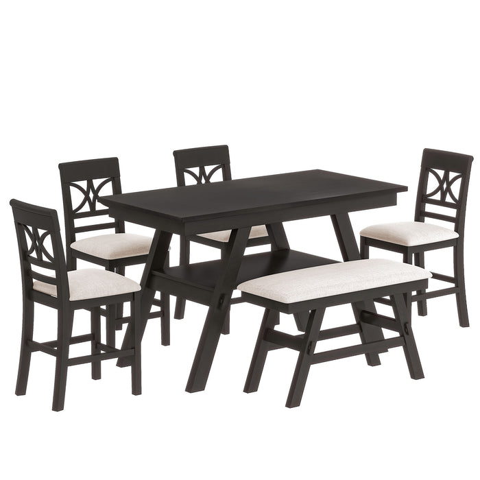 6-Piece Wood Counter Height Dining Table Set - Espresso + Beige Cushion