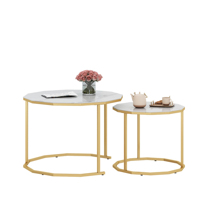 Marble Coffee End table - White Artificial Marble Top (white+golden)