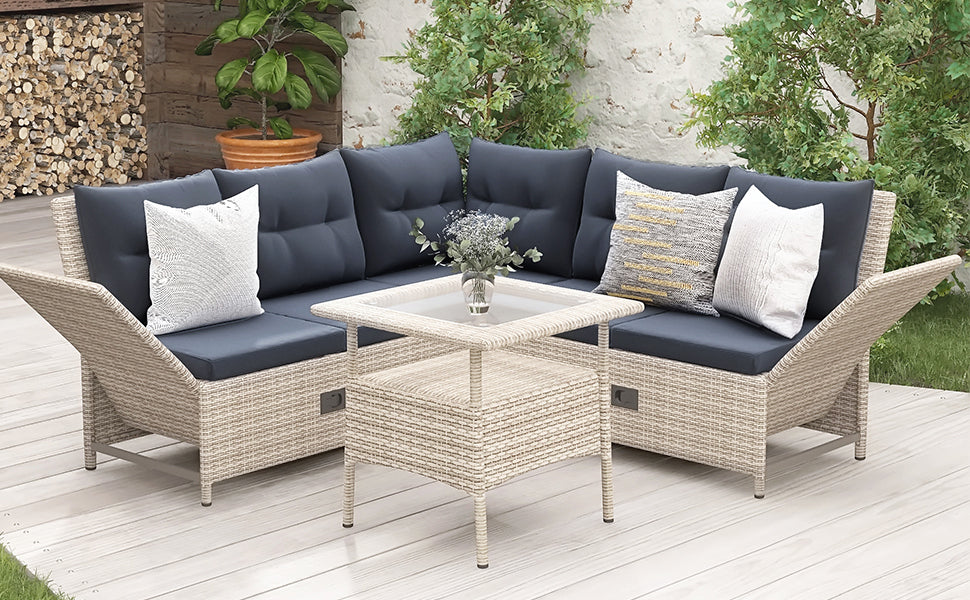 Outdoor Patio 4-Piece All Weather PE Wicker Rattan Sofa Set with Adjustable Backs for Backyard, Poolside, Gray