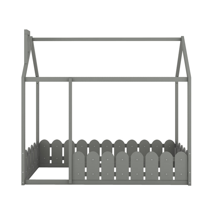 Twin Size Wood Bed House/ Fence (Gray )（Slats are not included)