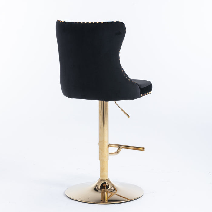 Golden Swivel Velvet Barstools (Black, Set of 2）