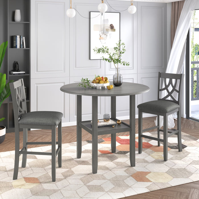 3-Piece Farmhouse Round Counter Height Kitchen Dining Table Set with Drop Leaf Table - Gray