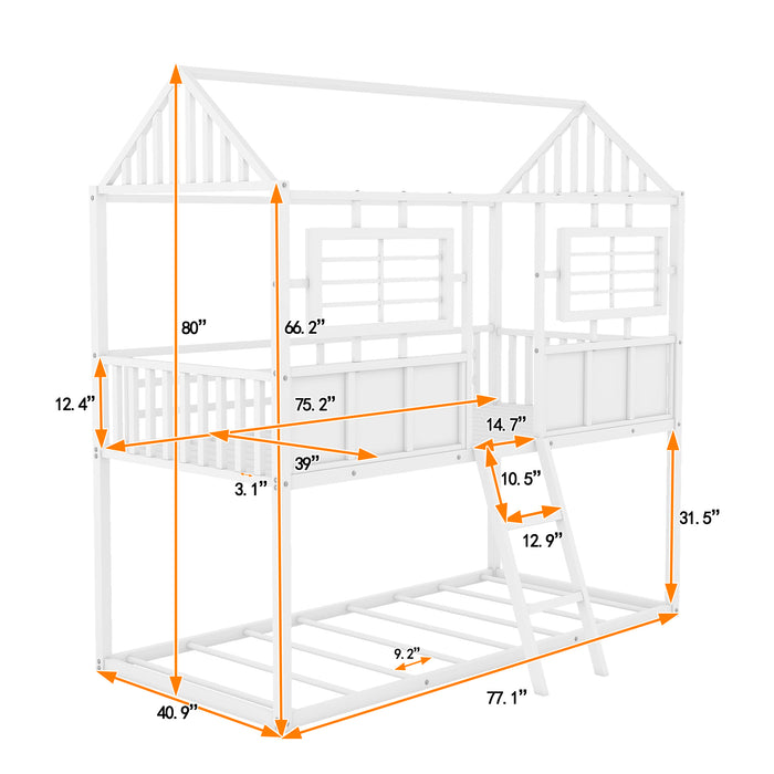 Twin over Twin Size Metal Low Bunk Beds with Roof and Fence-shaped Guardrail, White