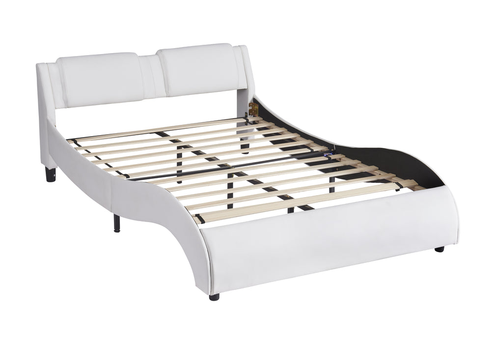 Full Size Upholstered Faux Leather Platform Bed with LED Light Bed Frame - White