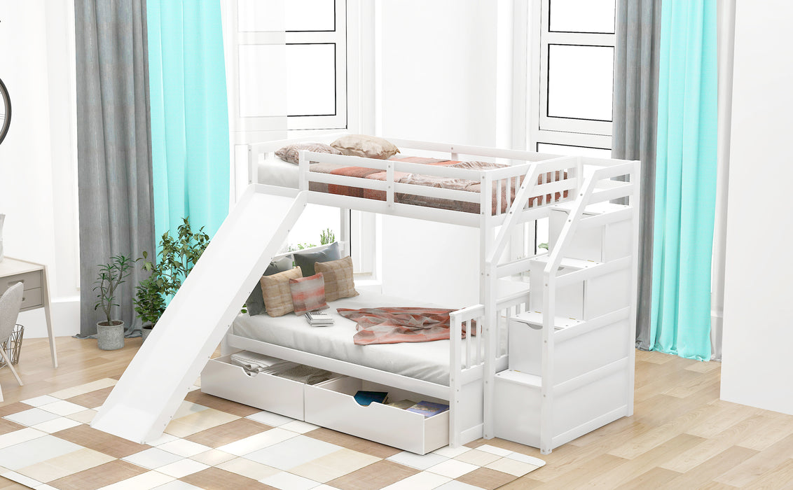 Multifunction Twin over Full Bunk Bed with Drawers, Storage and Slide - White