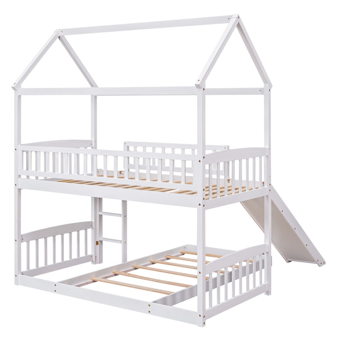 Twin Over Twin House Bunk Bed with Slide - White