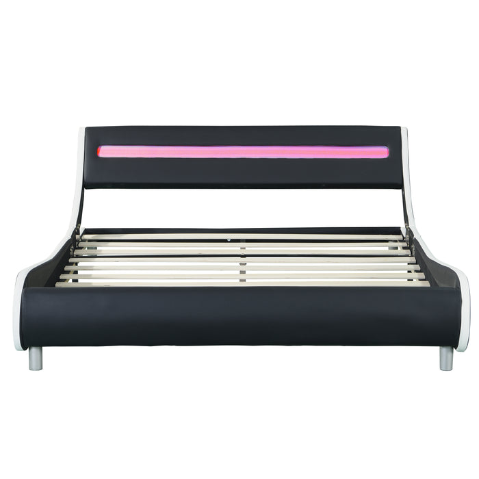 Queen Size Faux Leather Upholstered Platform Bed Frame with led lighting - Black and White