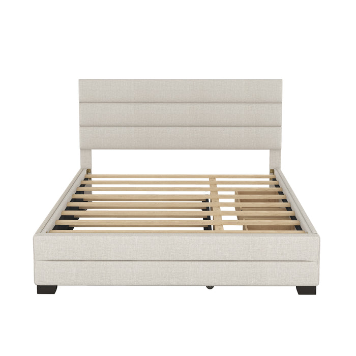 Queen Upholstered Platform Bed with Twin Size Trundle and Two Drawers, Beige