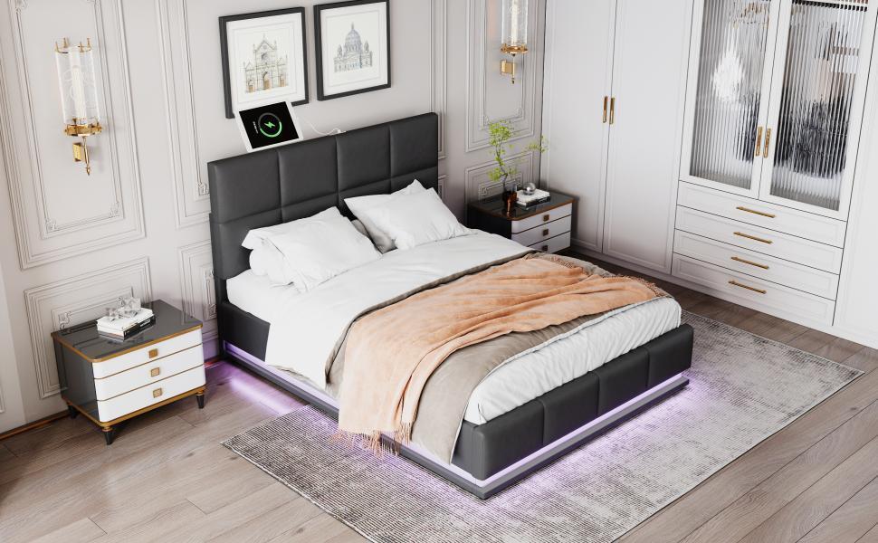 Queen Tufted Upholstered  Storage Platform Bed  with LED Lights and USB charger - Black