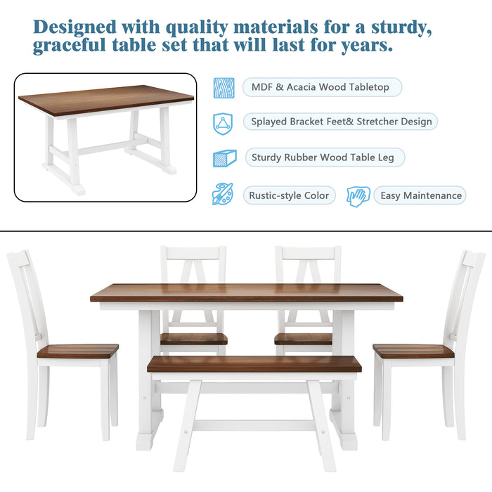 6-Piece Wood Dining Table Set Kitchen Table Set- Walnut + White