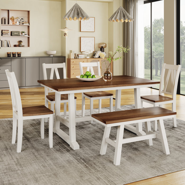 6-Piece Wood Dining Table Set Kitchen Table Set- Walnut + White