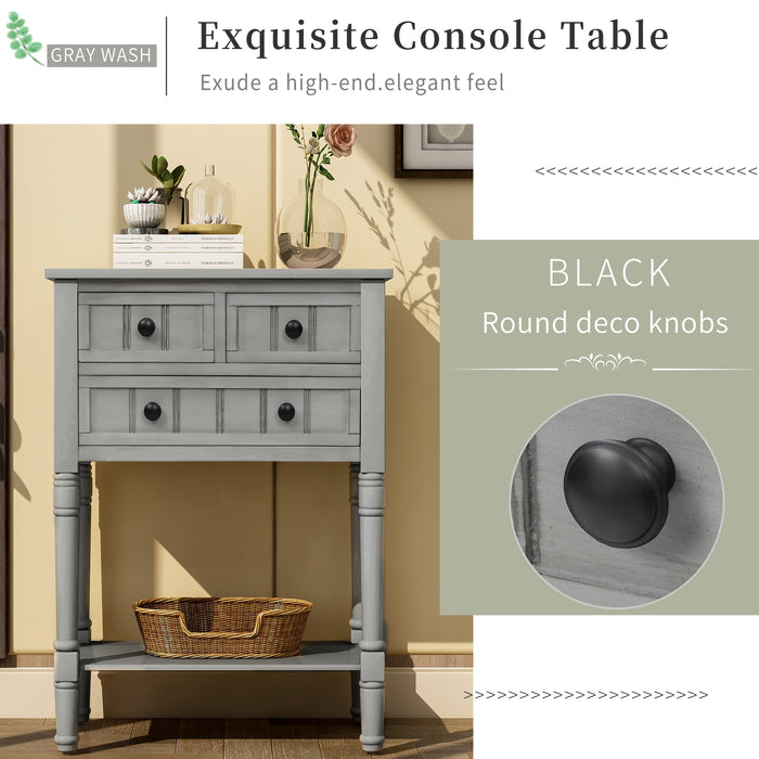 Narrow Console Table with Three Storage Drawers and Bottom Shelf - Gray Wash