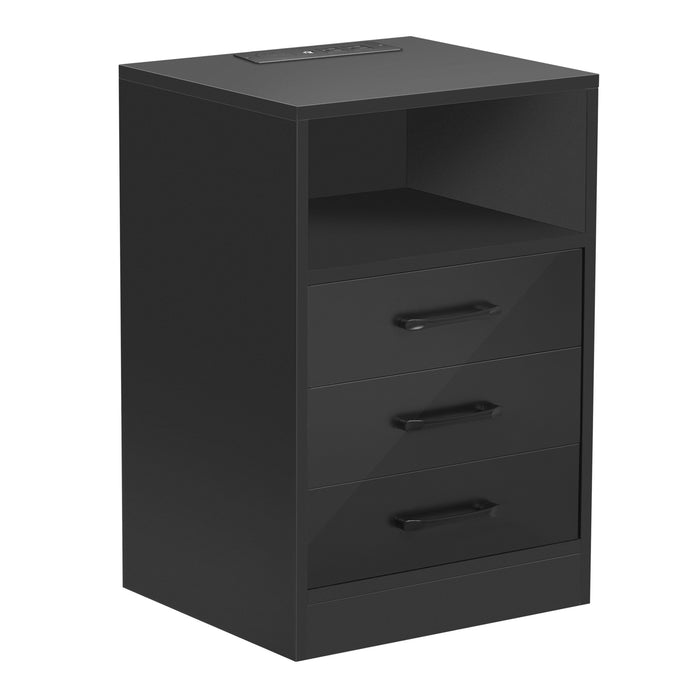 Nightstand with 3 Drawers and USB Charging Ports,Wireless Charging and Remote Control LED Light-Blac, k