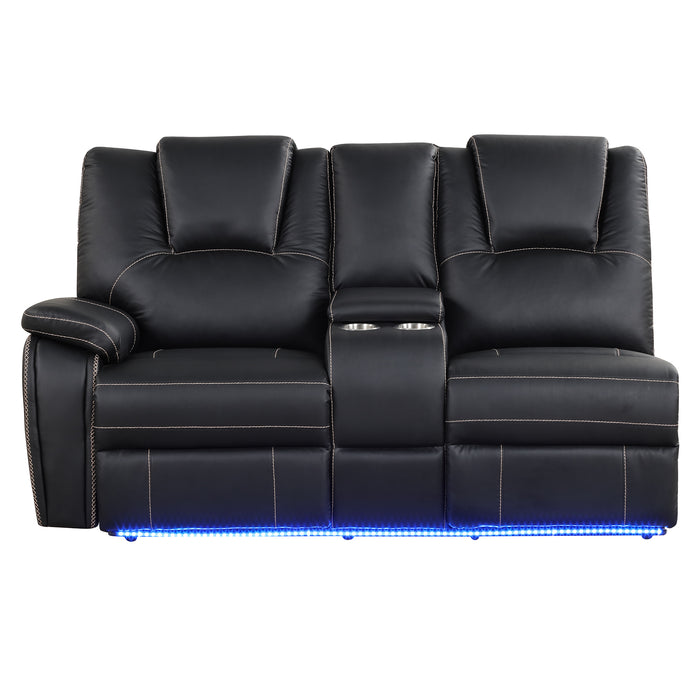 Modern Faux Leather Manual Reclining with Center Console & LED Light - Black