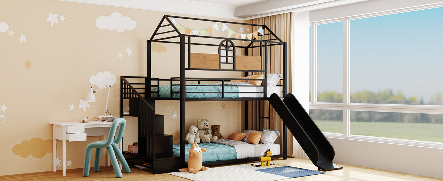 Twin Over Twin Metal House Bunk Bed - Black