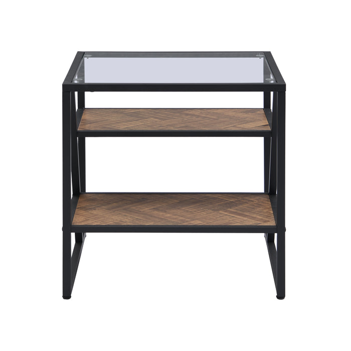 Black Side End Table with Storage Shelf, Tempered Glass