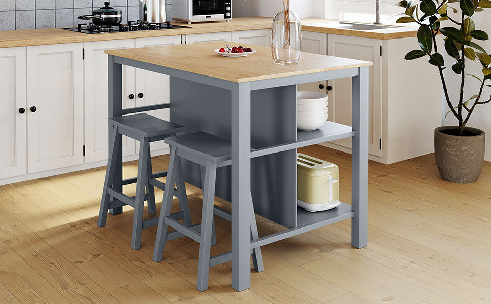 3-piece Solid Wood Rustic  45" Stationary Kitchen Island Set - Natural + Gray