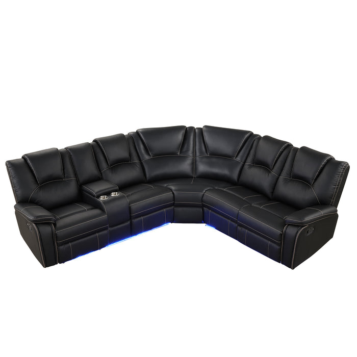 Modern Faux Leather Manual Reclining with Center Console & LED Light - Black