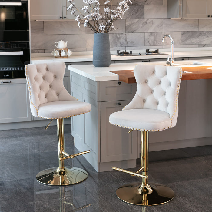 Golden Swivel Velvet Barstools, Beige (Set of 2）