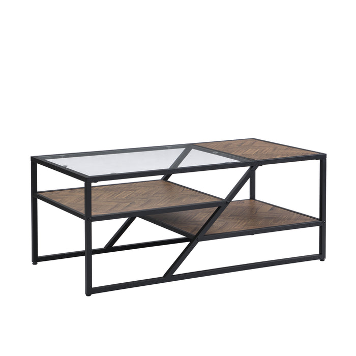 Black Coffee Table with Storage Shelf - Tempered Glass