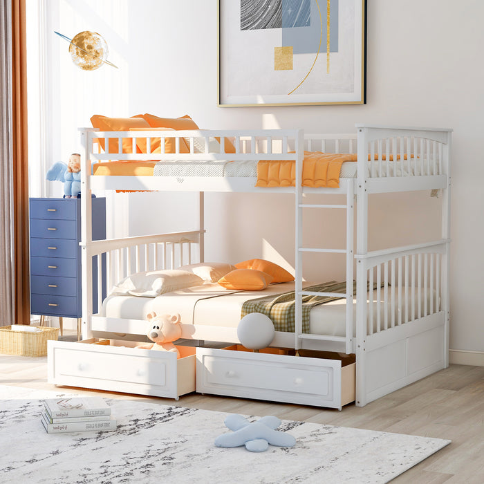 Full over Full Bunk Bed with Drawers - White