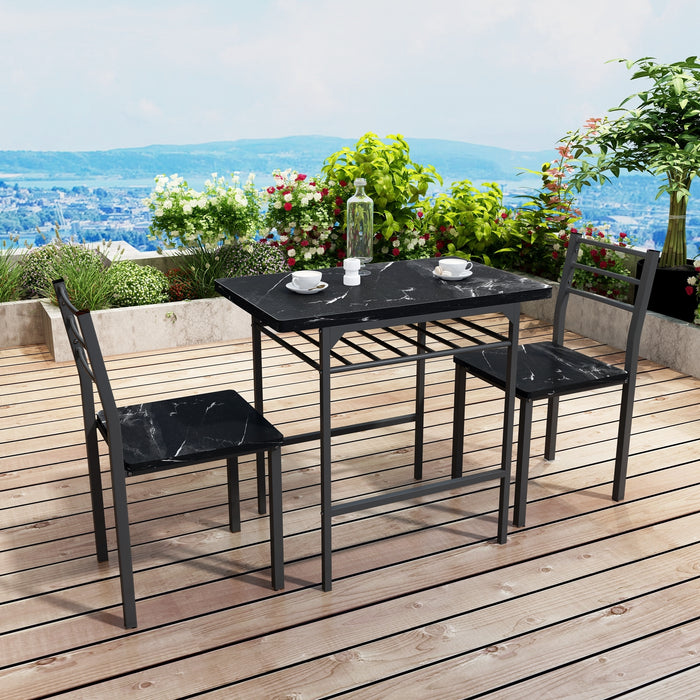 3-Piece Modern Dining Table Set - Black Frame + Printed Black Marble Finish