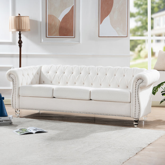 Rolled Arm Chesterfield 3 Seater Sofa - White