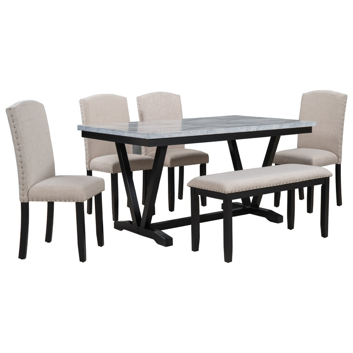 6-piece Modern Style  Dining Table with 4 Chairs & 1 Bench - White