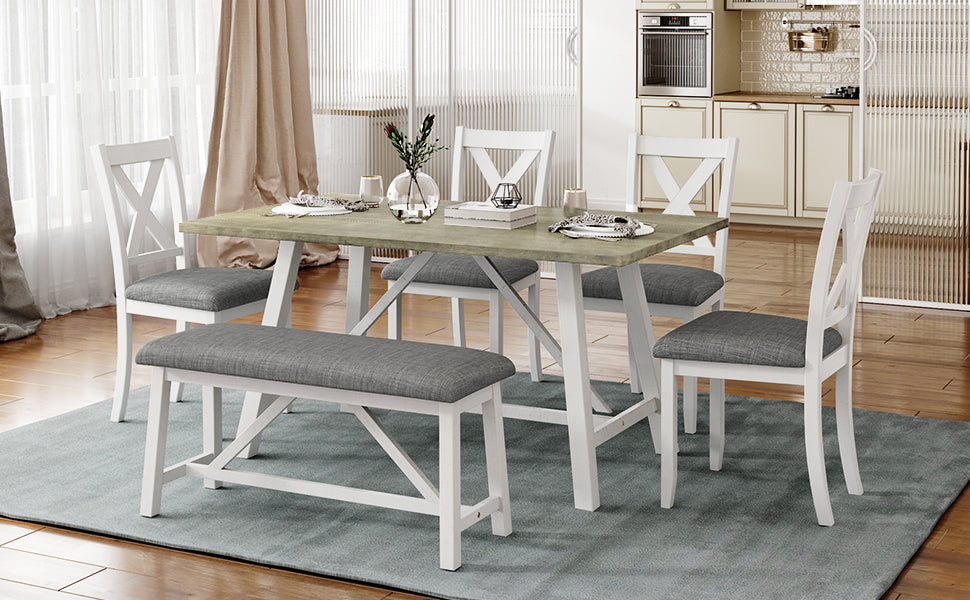 6-Piece Dining Table Set - White + Gray