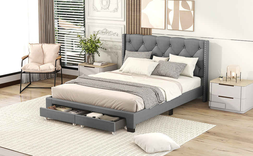 Queen Size Storage Bed Linen Upholstered Platform Bed with Two Drawers - Gray