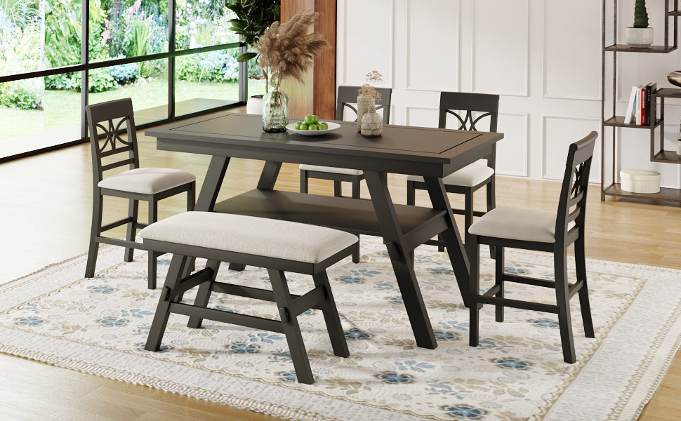 6-Piece Wood Counter Height Dining Table Set - Espresso + Beige Cushion