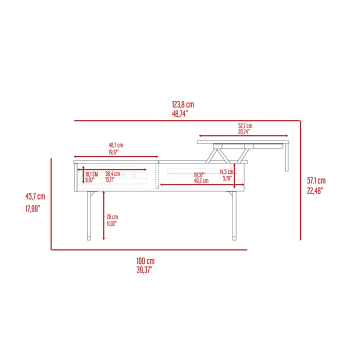 Modern Lift Top Coffee Table with Two Legs, One Drawer - Espresso / Onyx