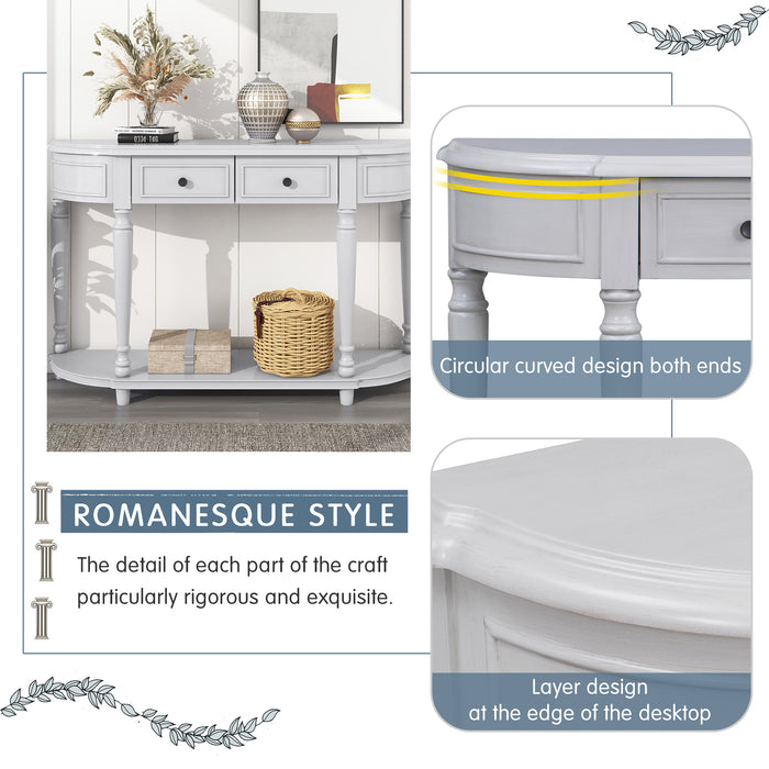 Retro Circular Curved Design Console Table with Open Style Shelf - Antique White