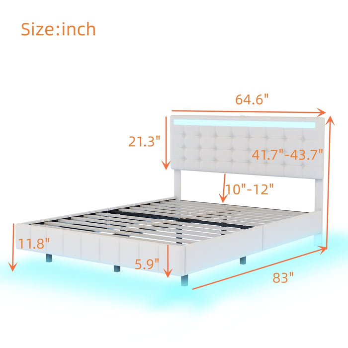 Queen Size Modern Upholstered Platform LED Bed with LED Lights and USB Charging - White