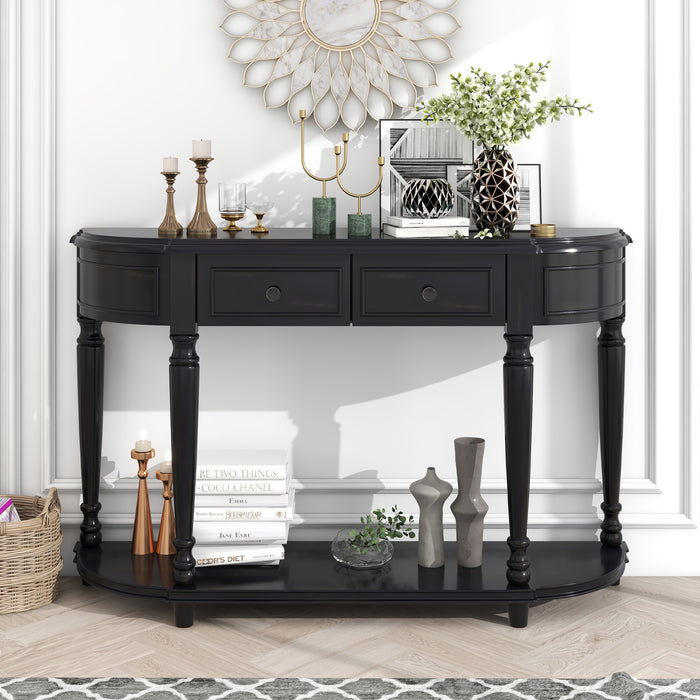 Retro Circular Curved Design Console Table with Open Style Shelf - Black