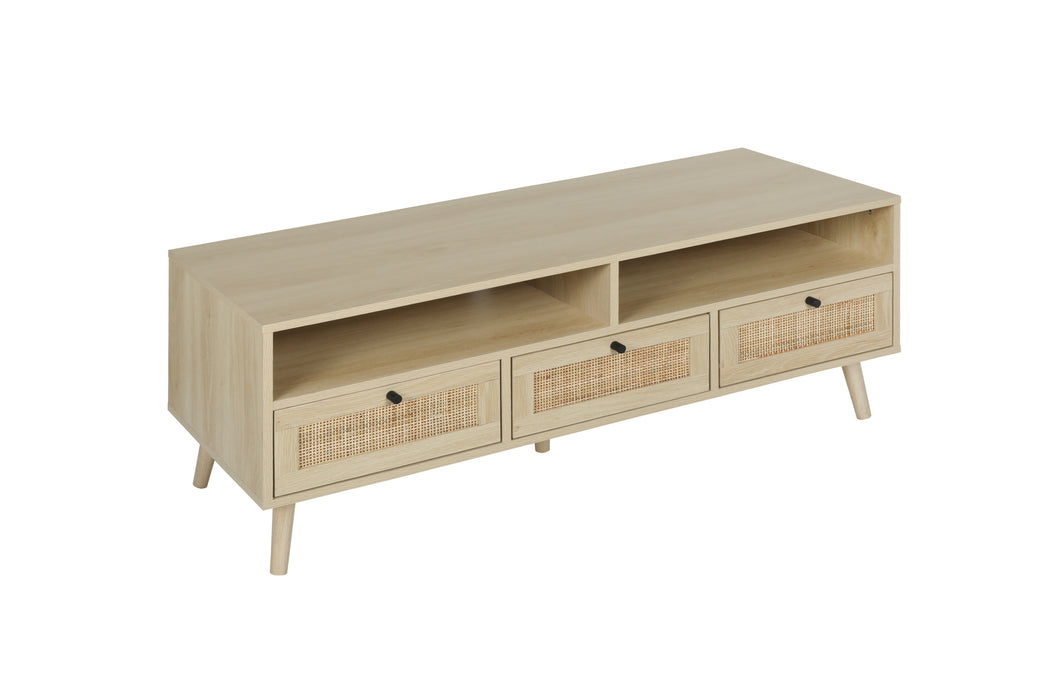 Rattan TV Stand with Solid Wood Feet - Natural