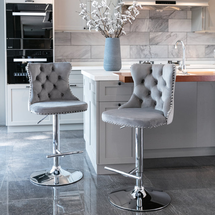 Swivel Velvet Barstools, Gray (Set of 2）