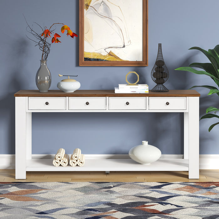 Pine Wood Console Table - Antique White+ Brown Top