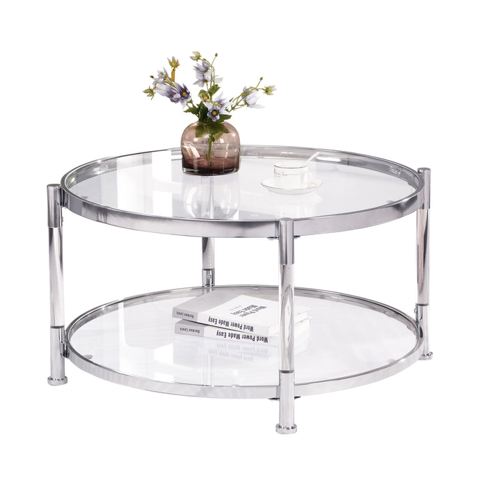 Contemporary Acrylic Coffee Table, Round Tempered Glass - Chrome/Silver