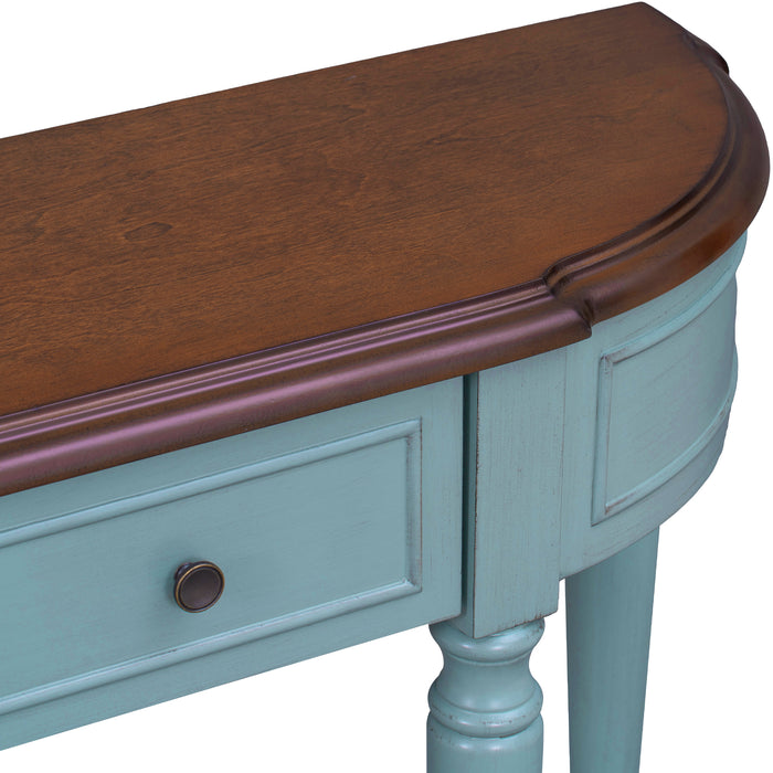 Retro Circular Curved Design Console Table with Open Style Shelf - Cherry + Antique Blue