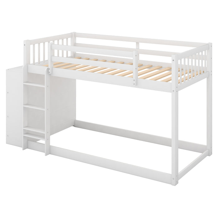 Twin over Twin Bunk Bed with Attached Cabinet and Shelves Storage - White