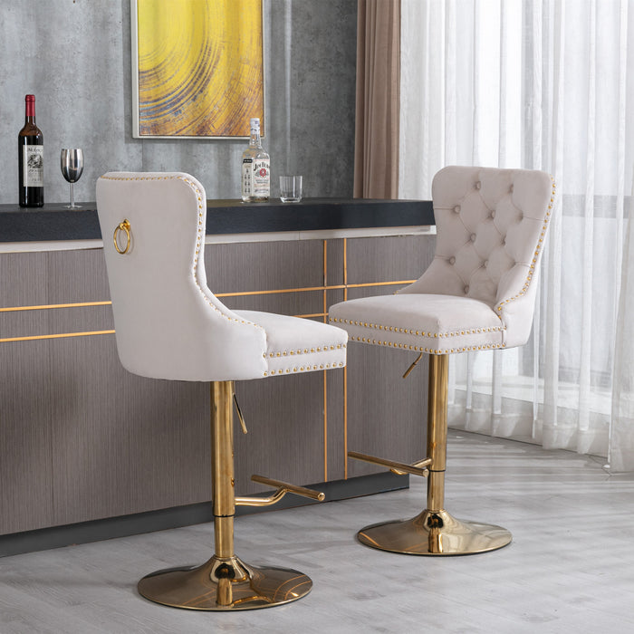 Modern Upholstered Velvet Bar Stools with Tufted Backs - Beige Set of 2