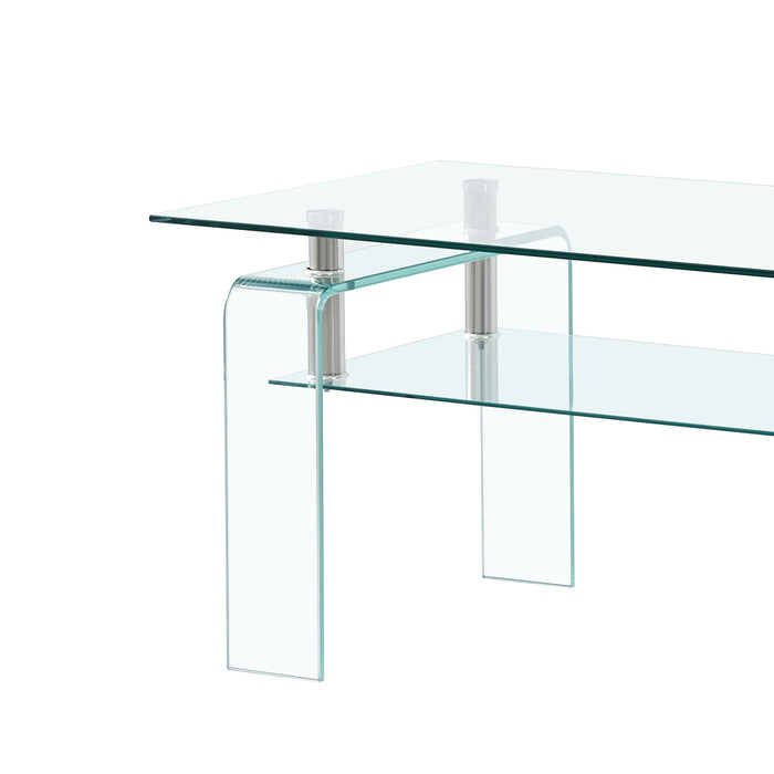 Rectangle Clear Glass Coffee Table, Modern Glass Coffee Table for Living Room, 2-Tier Storage Center Coffee Table,Tempered Glass Tea Table