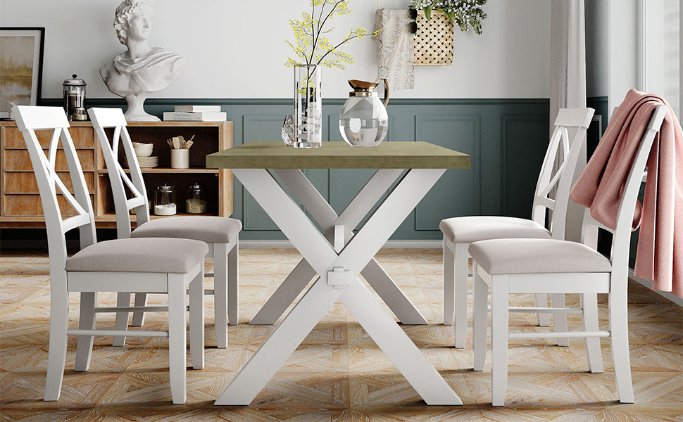 5-Pieces Farmhouse Rustic Wood Kitchen Dining Table Set - White + Beige