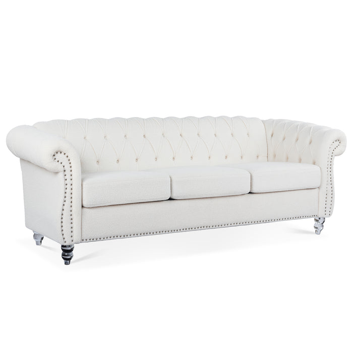 Rolled Arm Chesterfield 3 Seater Sofa - White