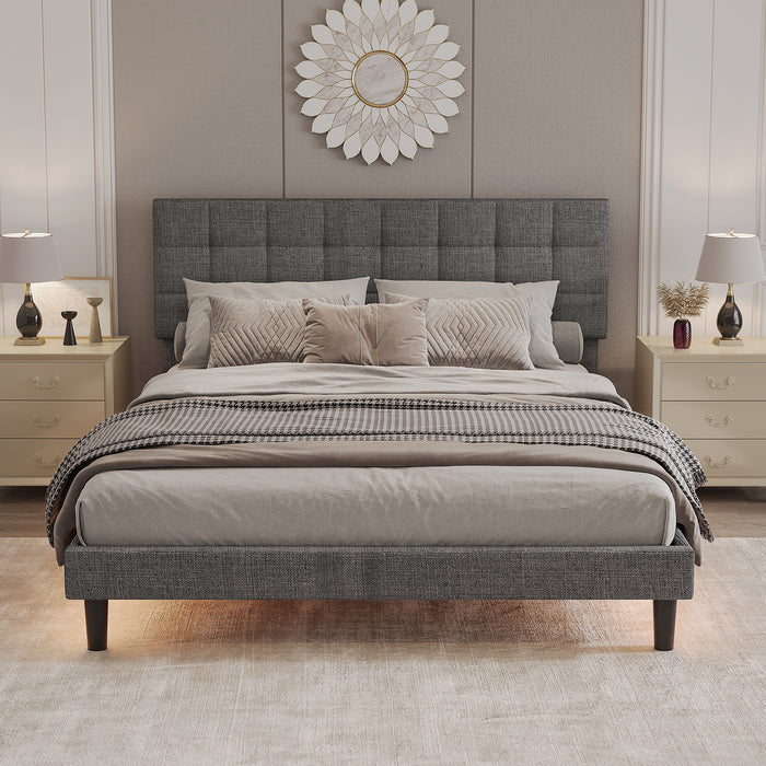 Queen Size Upholstered Platform Bed Linen Bed Frame with Lights Square Stitched Adjustable Headboard  - Gray