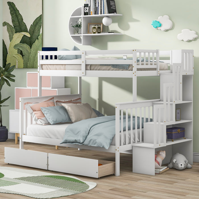 Twin Over Full Convertible Bunk Bed with 2 Drawers and Staircases - White