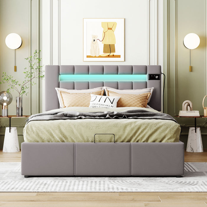 Full Size Velvet Upholstered Storage Bed with LED light, Bluetooth Player and USB Charging - Gray