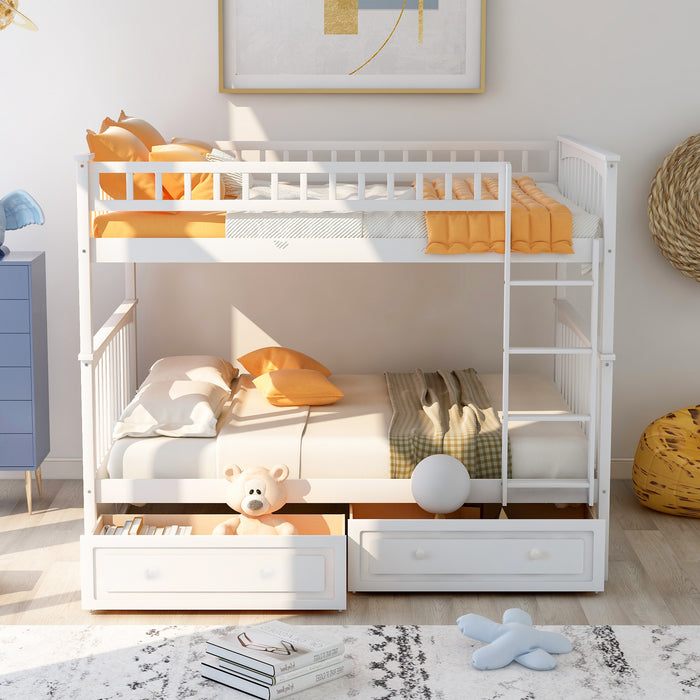 Full over Full Bunk Bed with Drawers - White